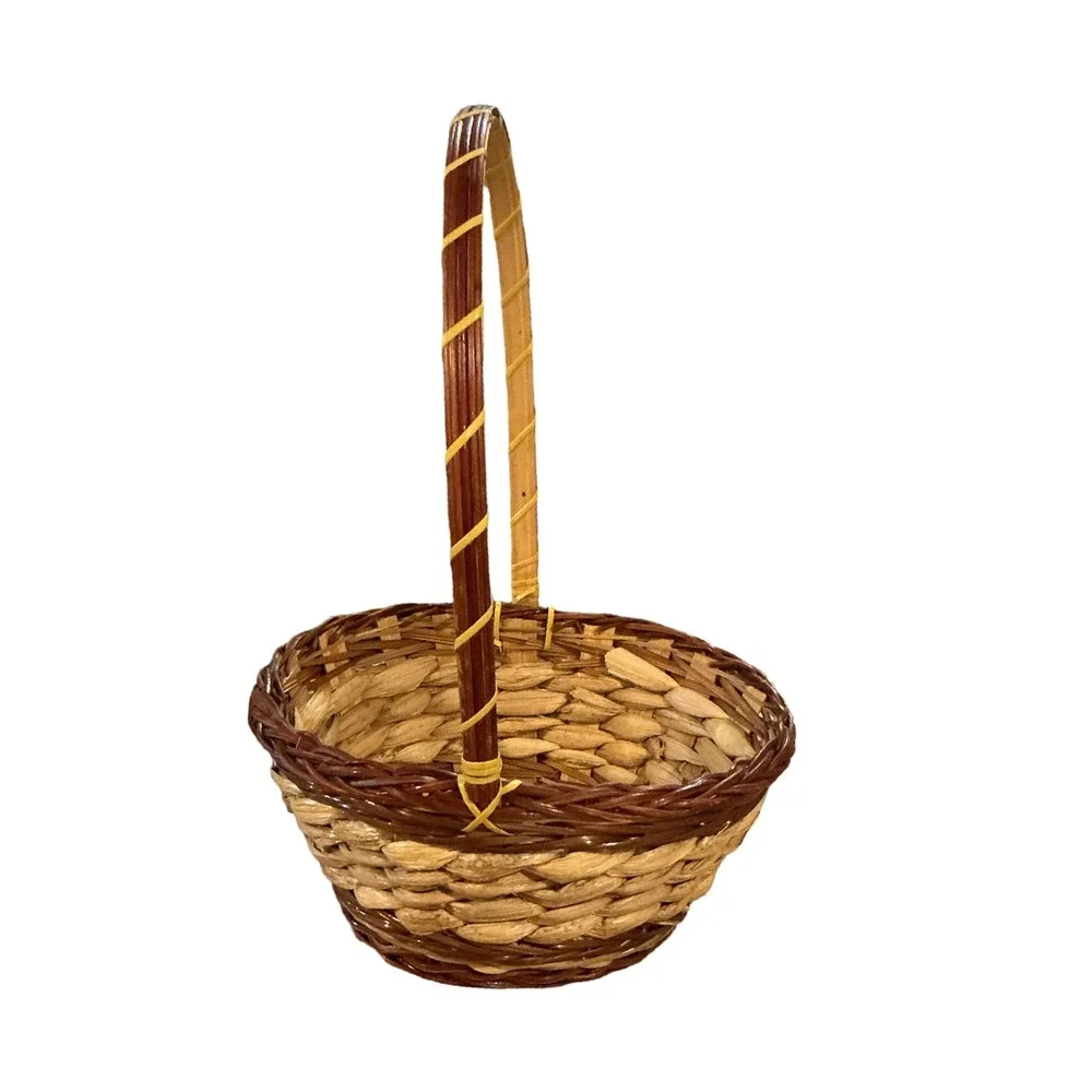 Vintage Two Tone Woven Wicker Basket with High Handle 13in x 8.5in x 7.5in